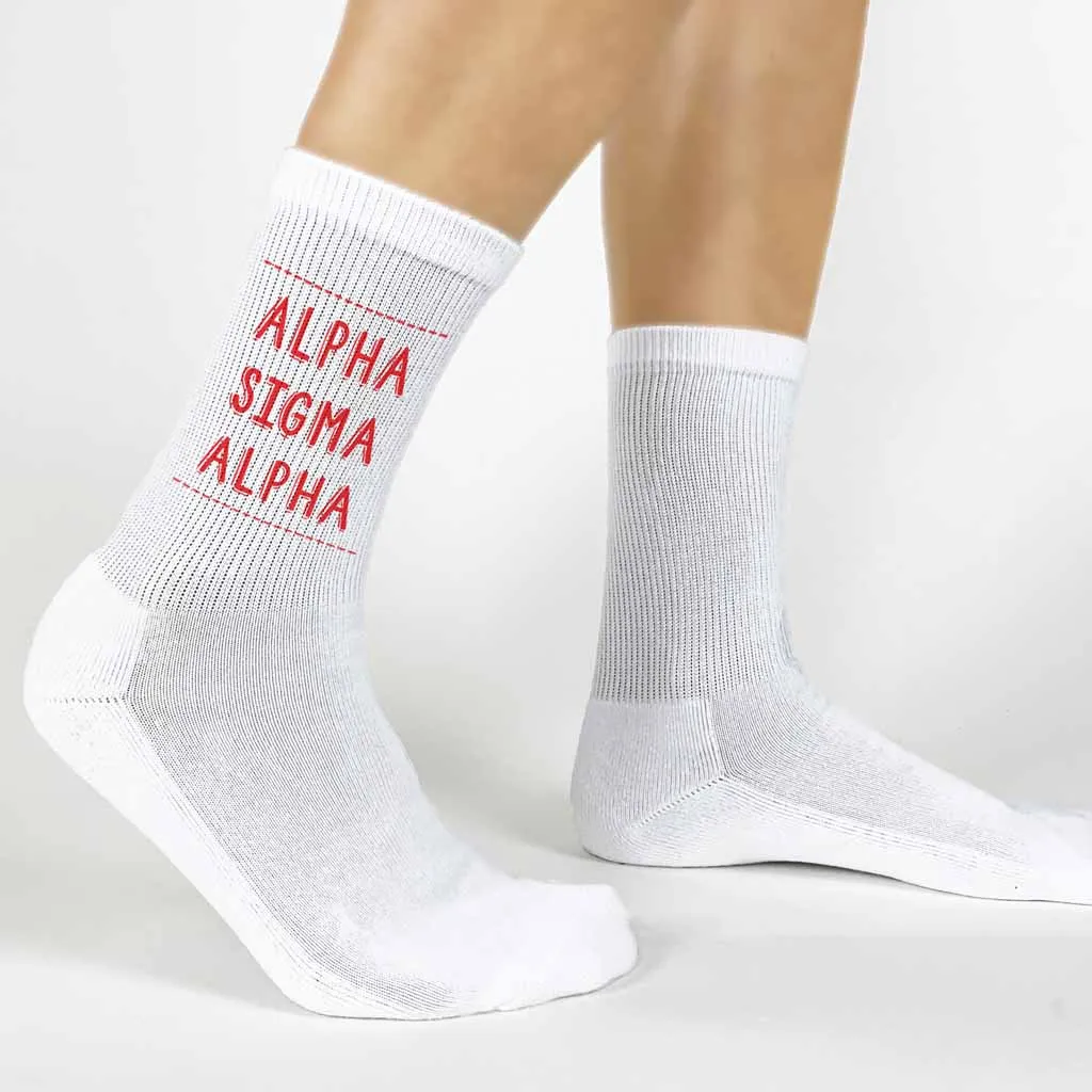 Alpha Sigma Alpha Crew Socks with Alpha Sigma Alpha Name in Sorority Colors