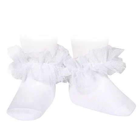 Ankle socks with ruched tulle strap WHITE - 200