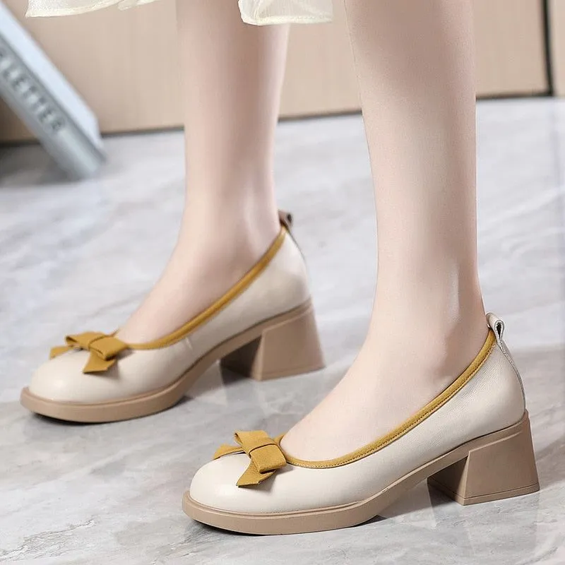 Bow Genuine Leather Fashion Pumps - Women's Casual Shoes DX218