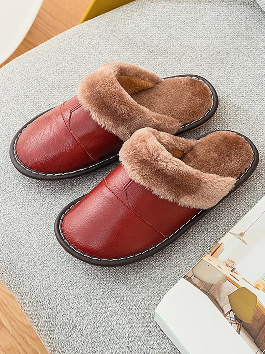 Couple Winter Vintage Leather Plush Indoor Slippers