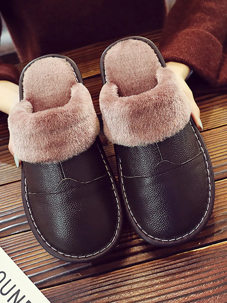 Couple Winter Vintage Leather Plush Indoor Slippers