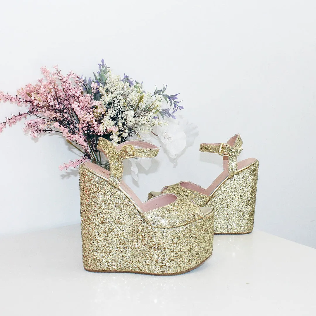 Gold Glitter Bridal High Heel Platform Shoes