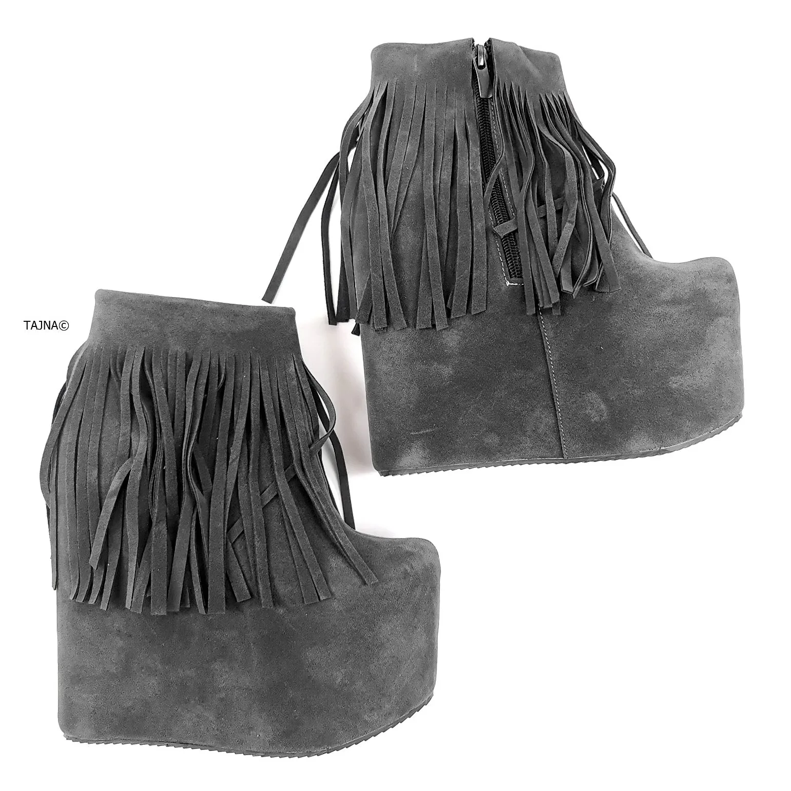 Grey Fringe Wedge Platform Boots