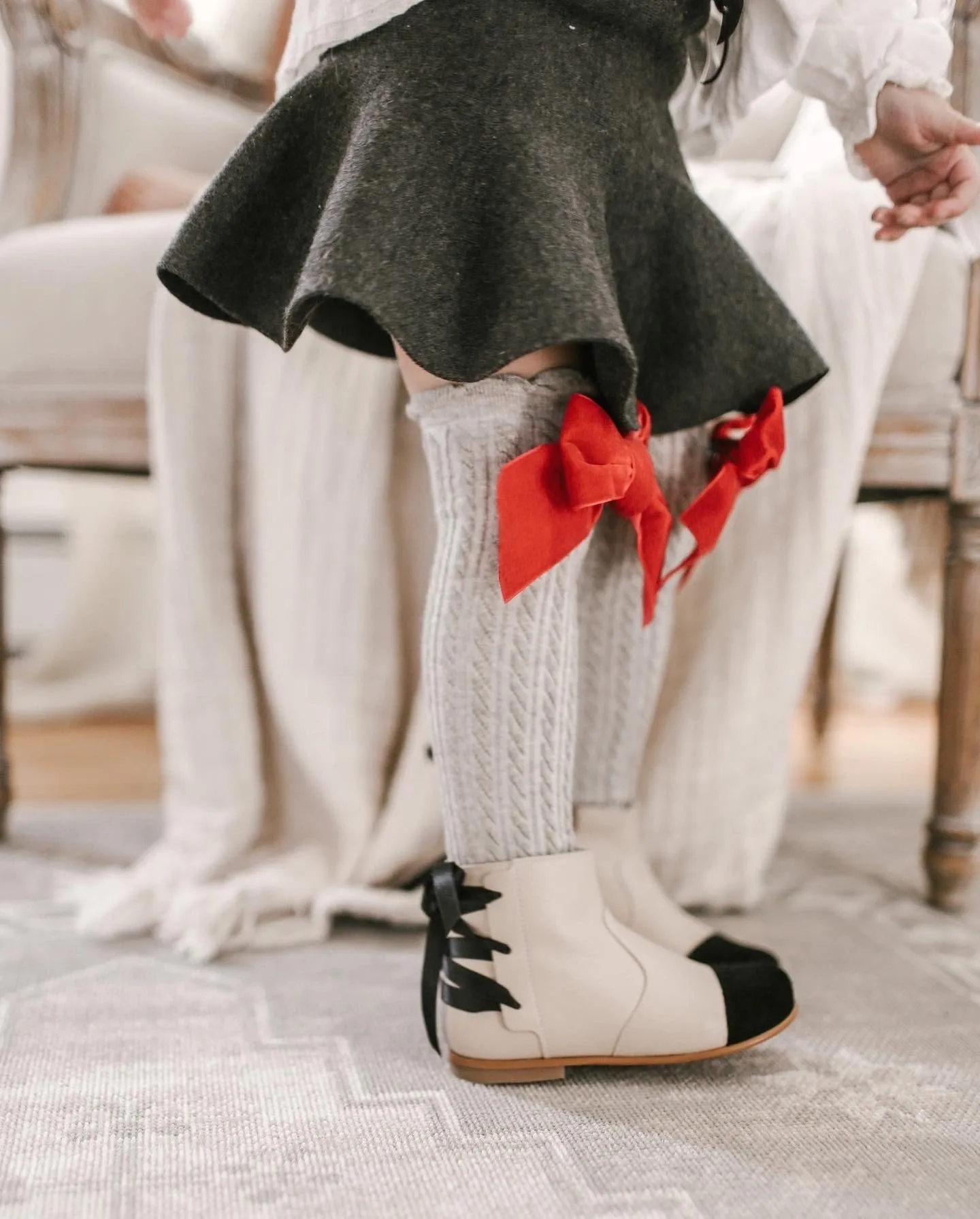 Grey Knee High Socks with Velvet Bows