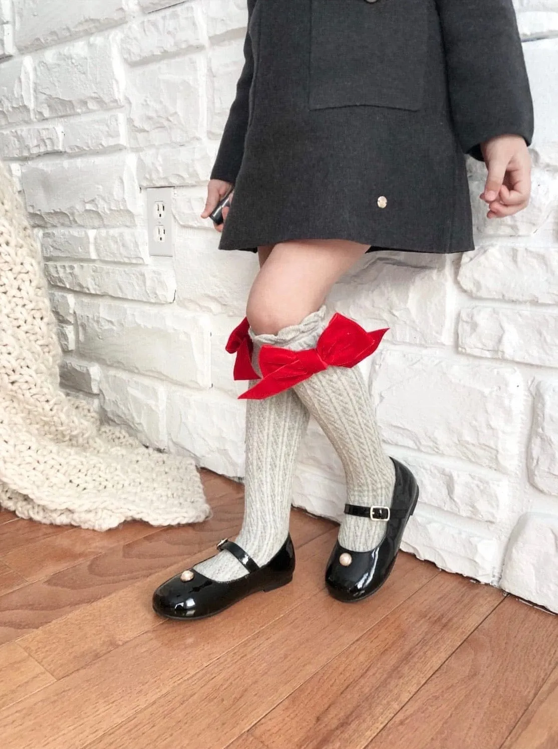 Grey Knee High Socks with Velvet Bows