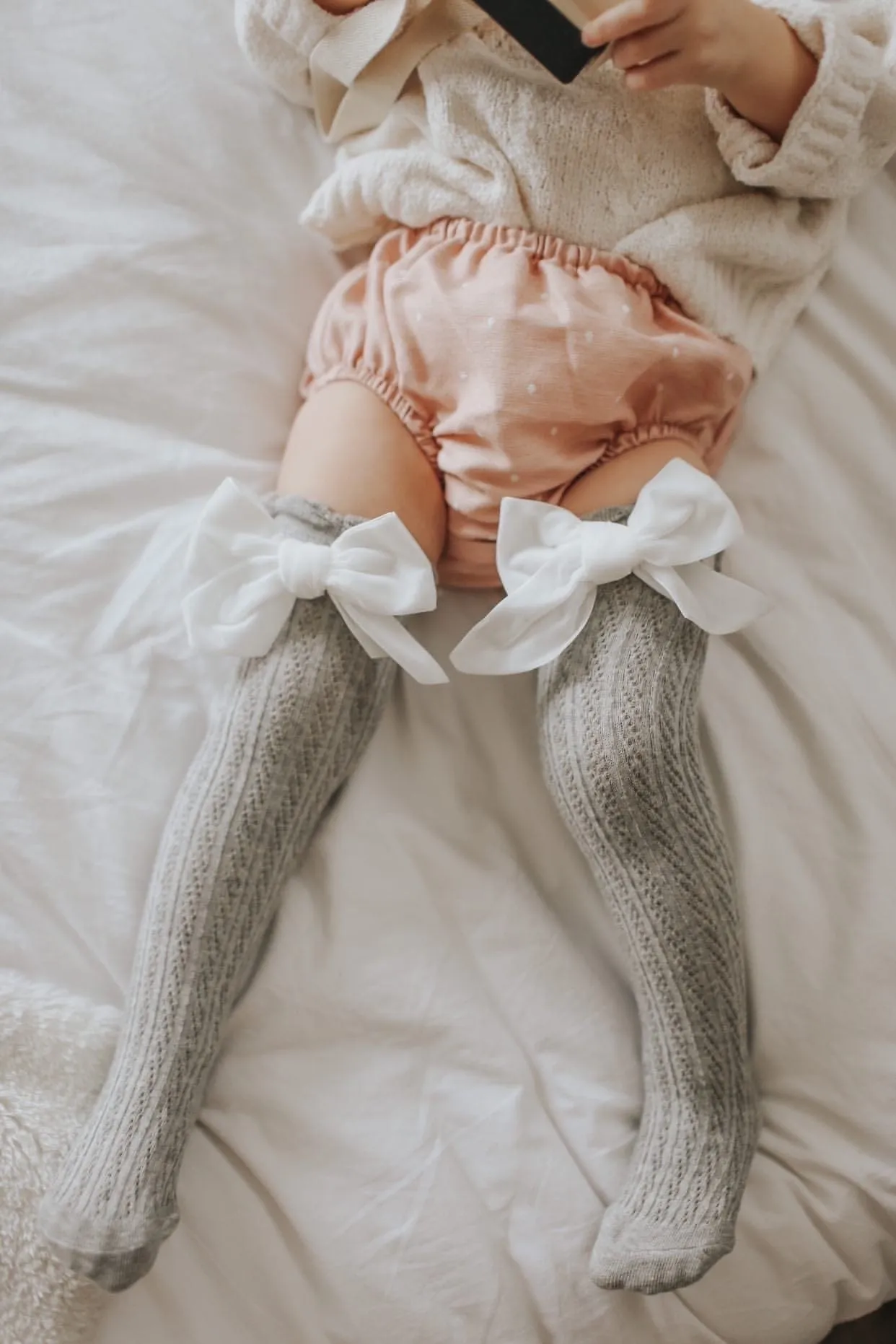 Grey Knee High Socks with Velvet Bows