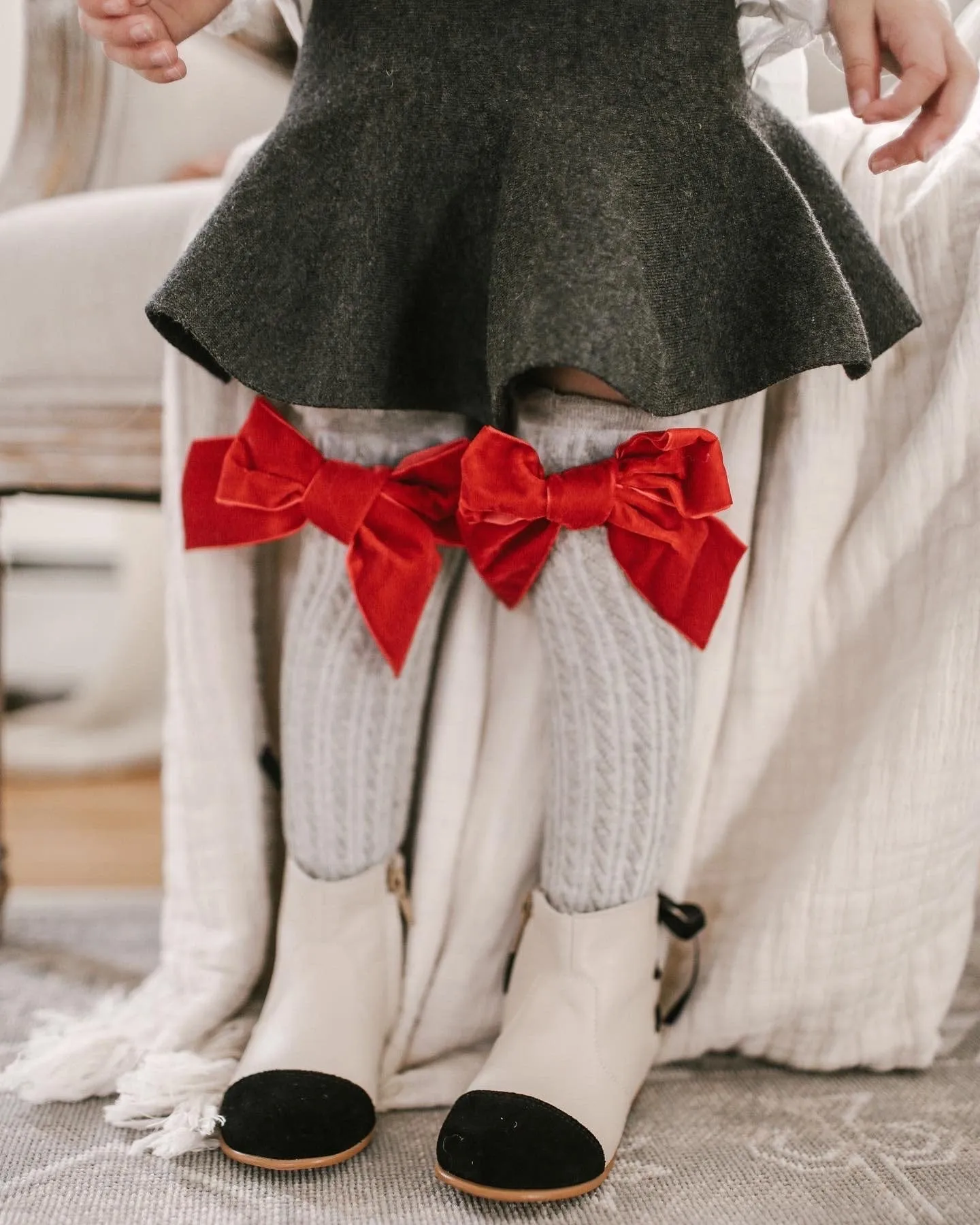 Grey Knee High Socks with Velvet Bows