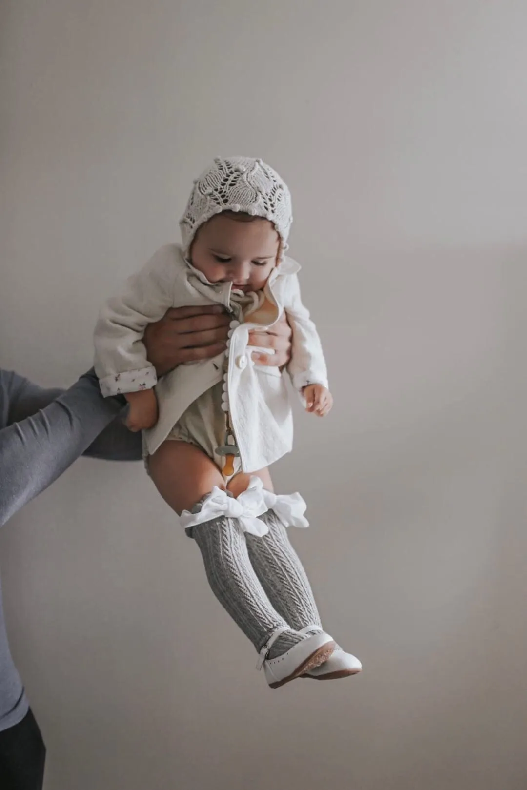 Grey Knee High Socks with Velvet Bows