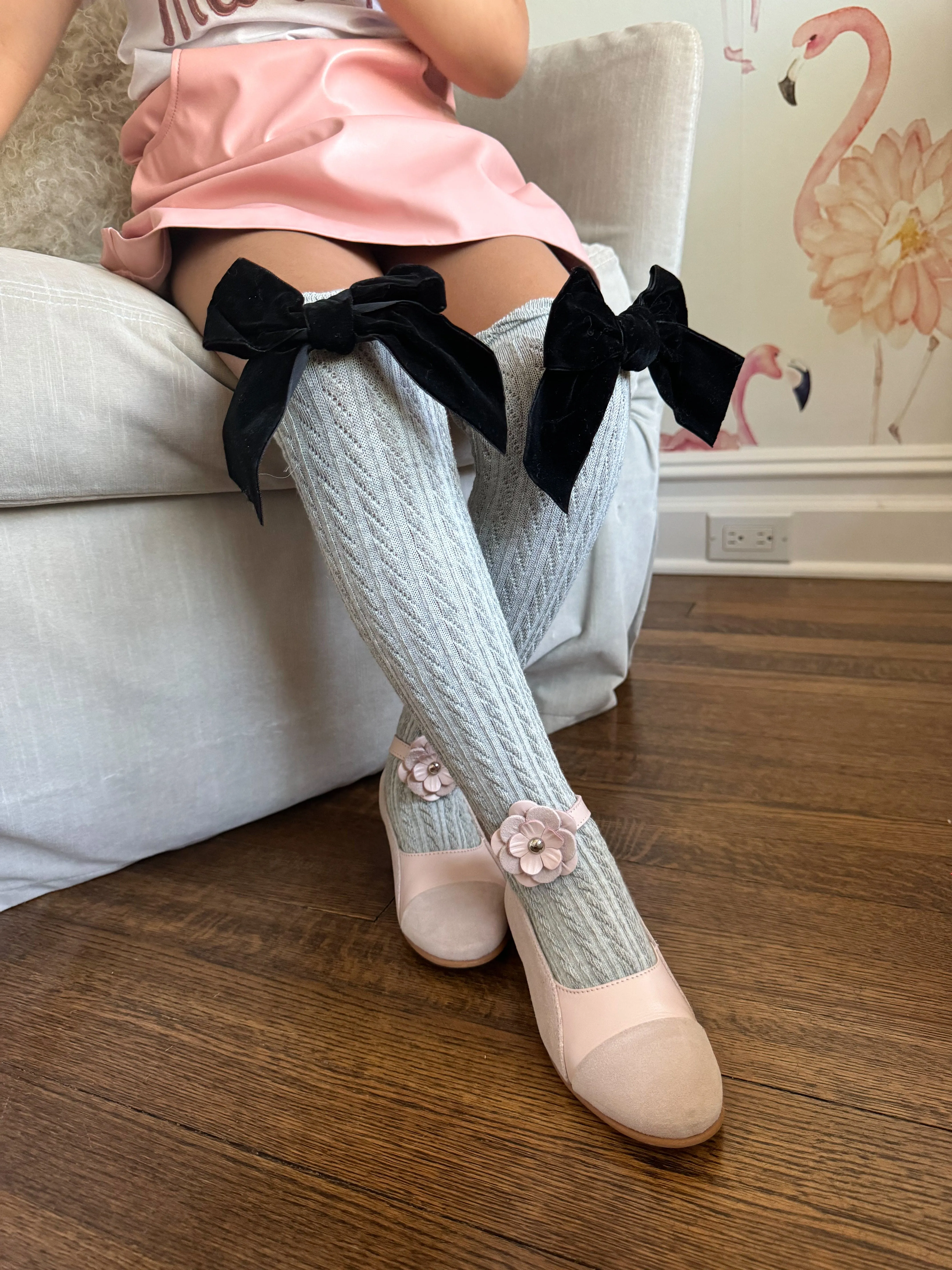 Grey Knee High Socks with Velvet Bows