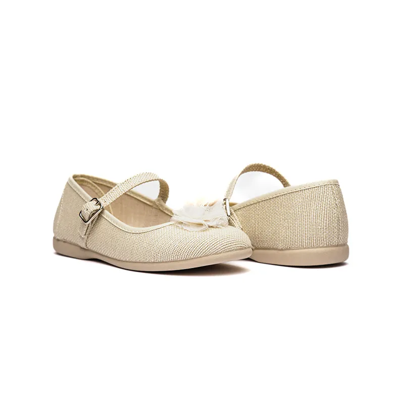 Linen Pom-Pom Buckle Mary Janes in Tan