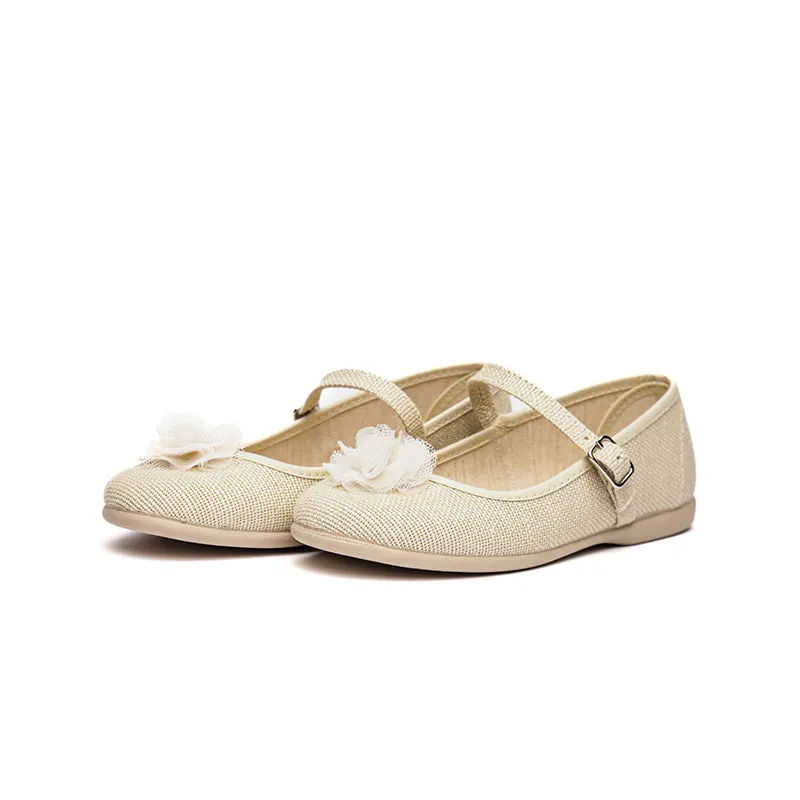 Linen Pom-Pom Buckle Mary Janes in Tan