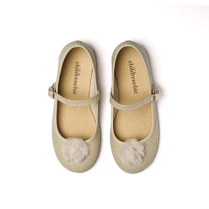 Linen Pom-Pom Buckle Mary Janes in Tan