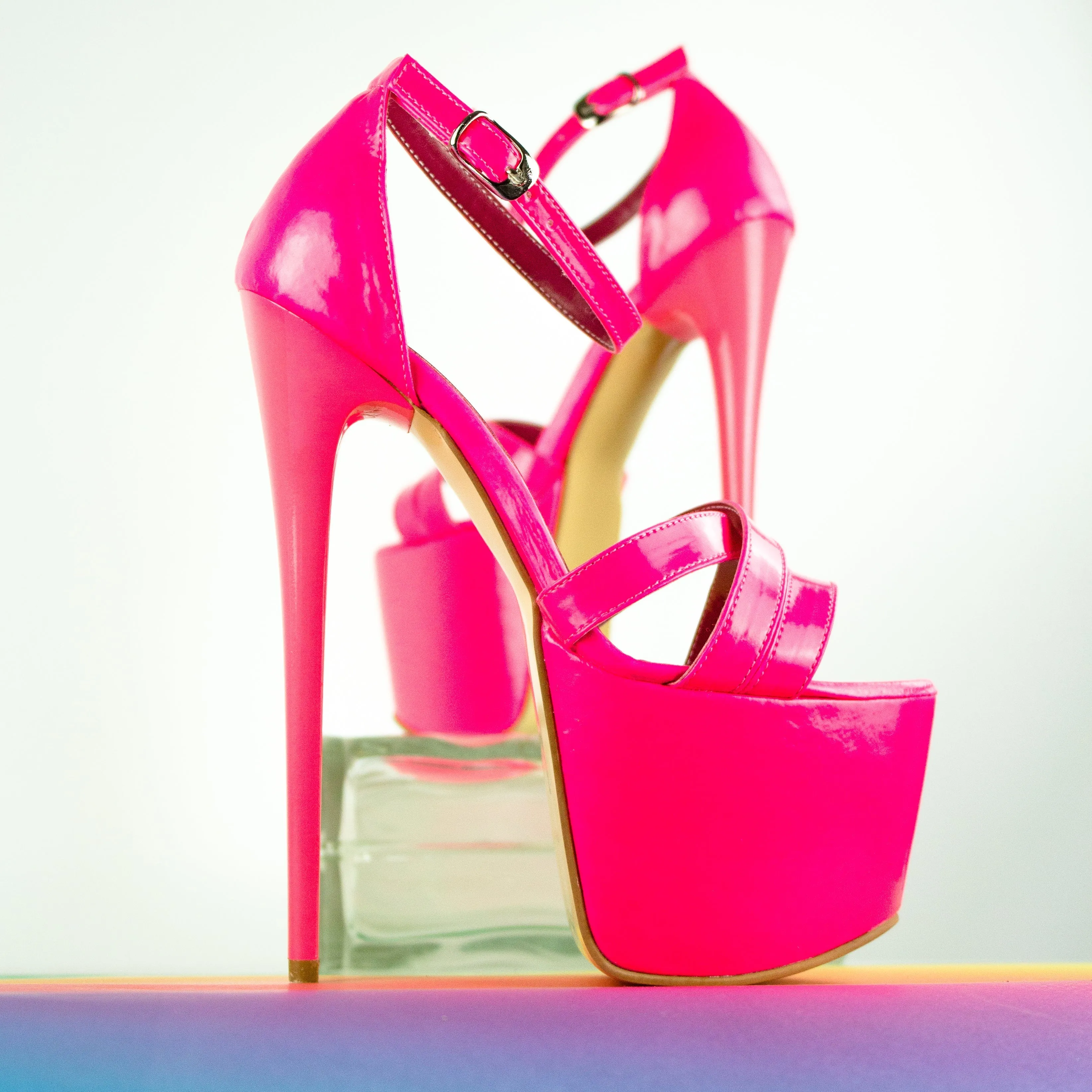 Neon Pink Gloss Cross Strap High Heel Sandals