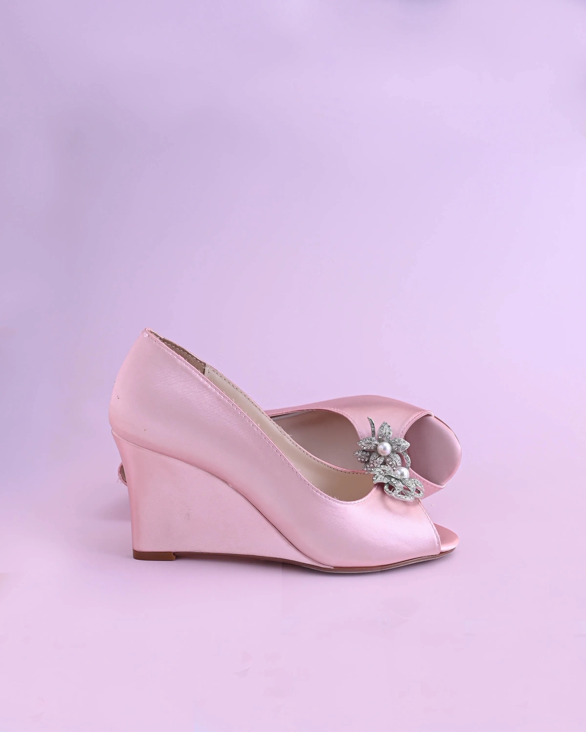 Nicole Blush Bridal Wedges with Crystal & Pearl Flower Adornment