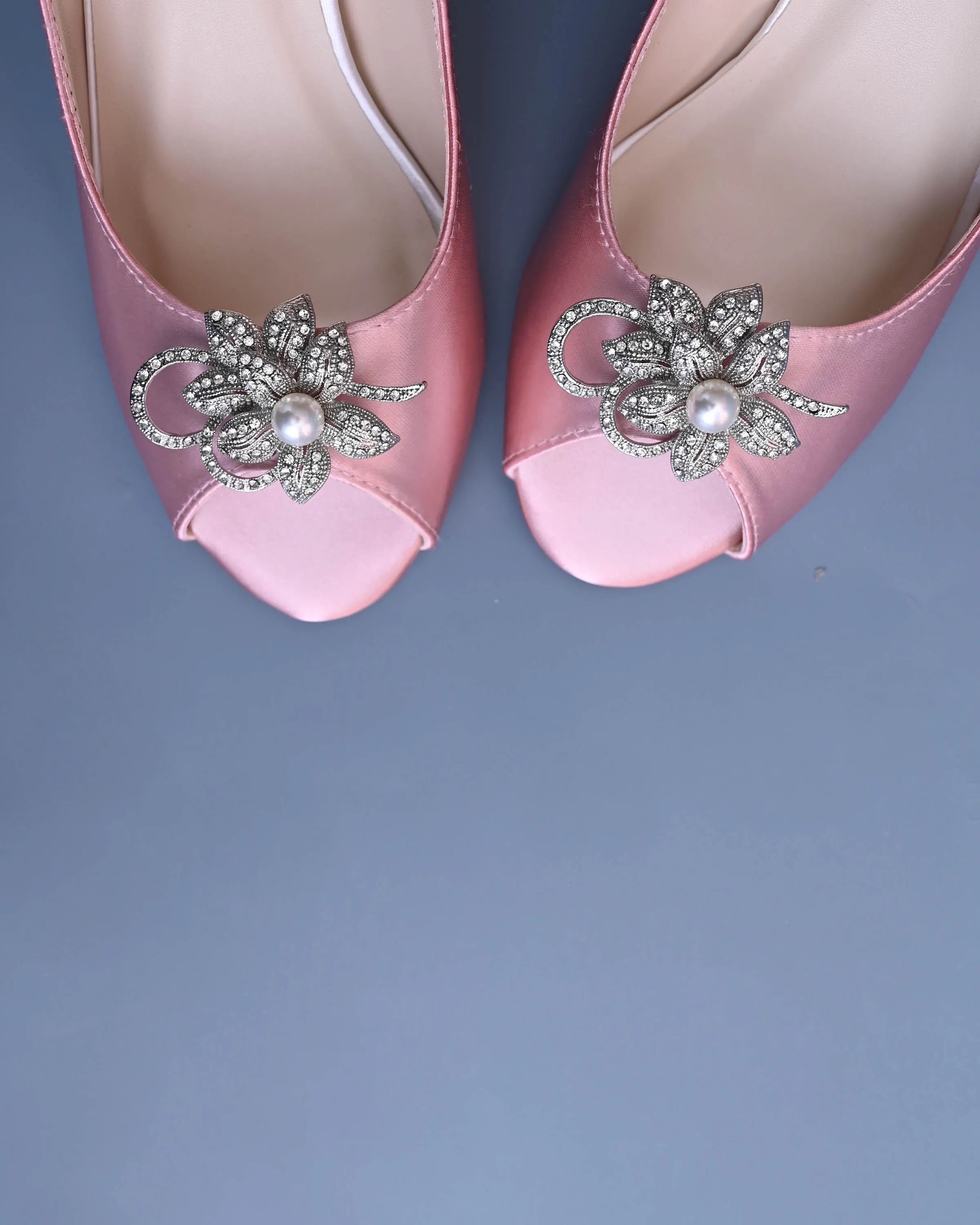 Nicole Blush Bridal Wedges with Crystal & Pearl Flower Adornment