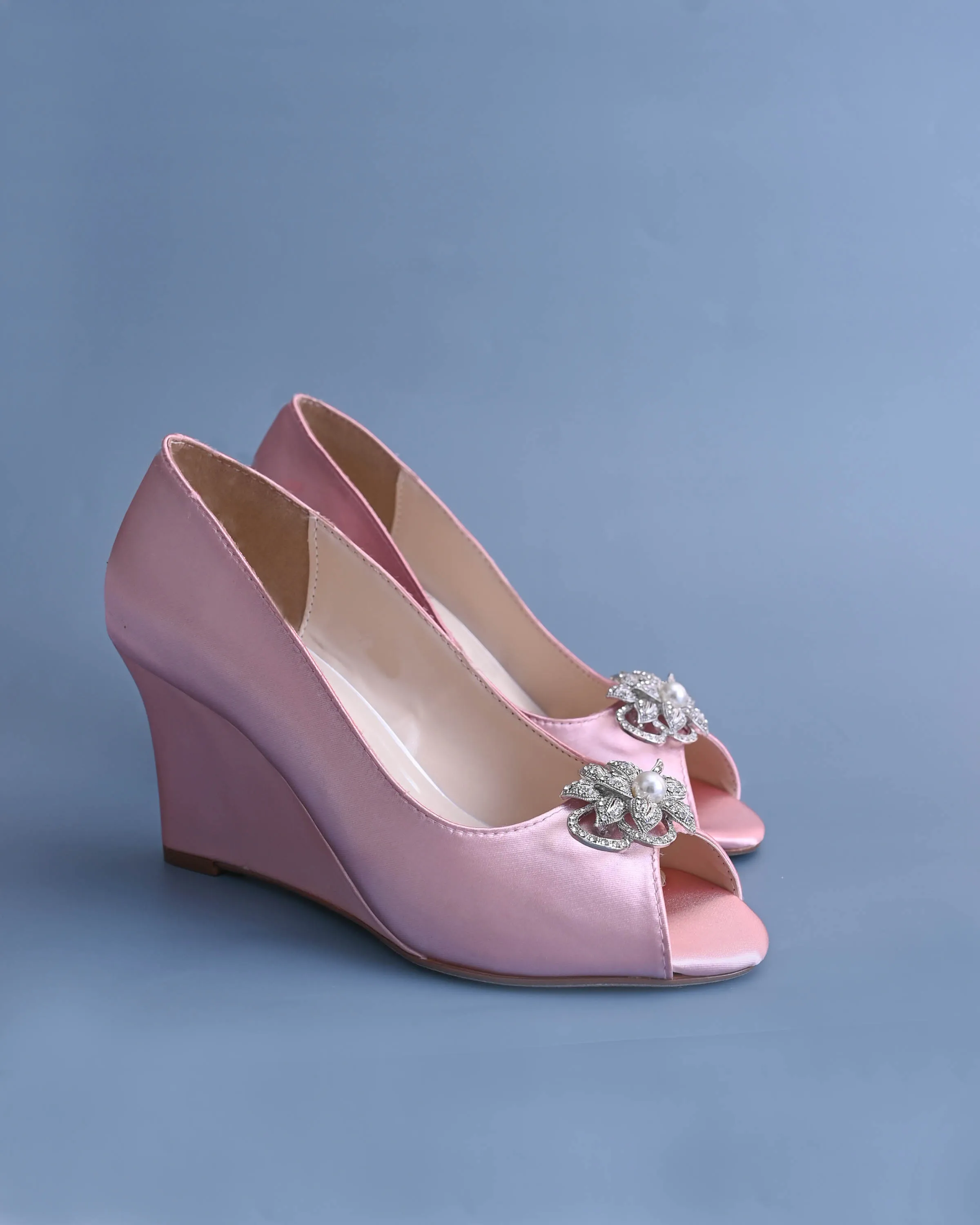 Nicole Blush Bridal Wedges with Crystal & Pearl Flower Adornment