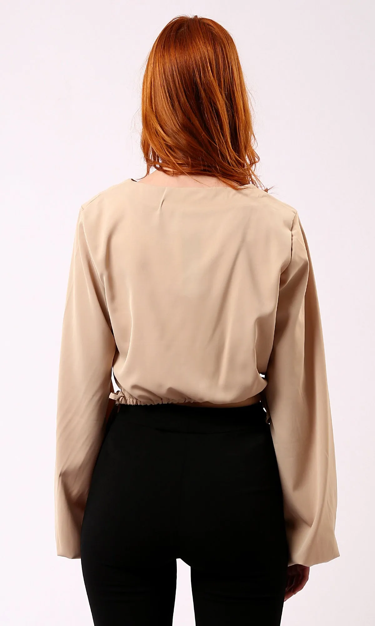 O188402 Dark Beige Short Blouse With Bi-Shop Sleeves