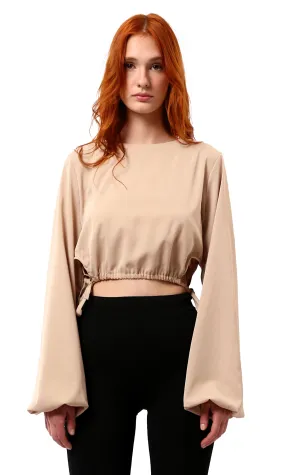 O188402 Dark Beige Short Blouse With Bi-Shop Sleeves