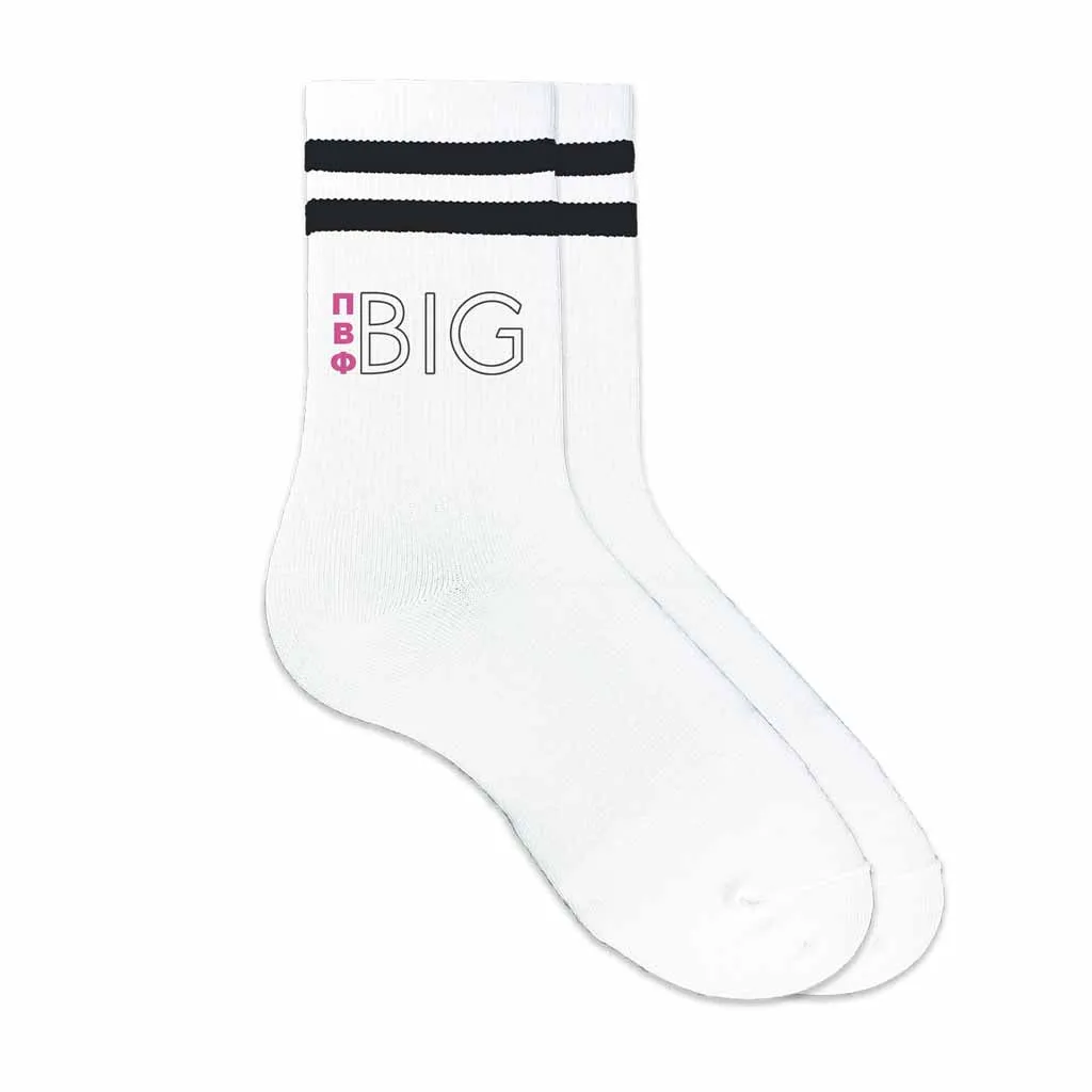 Pi Beta Phi Sorority Socks for your Big and Little with Greek Letters on Striped Cotton Crew Socks