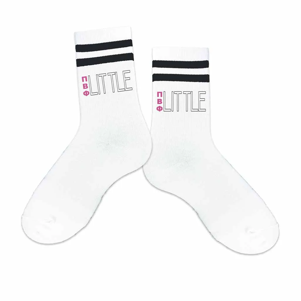 Pi Beta Phi Sorority Socks for your Big and Little with Greek Letters on Striped Cotton Crew Socks