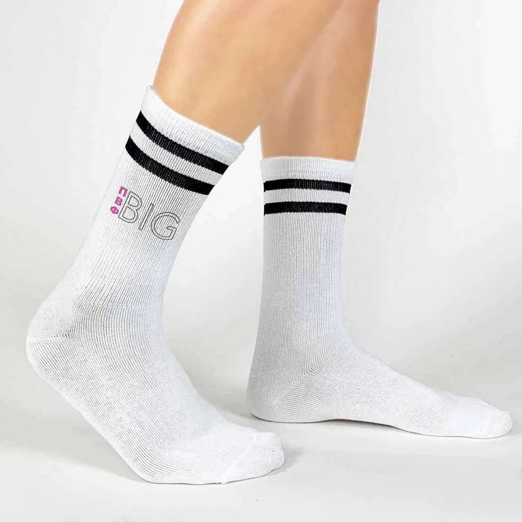 Pi Beta Phi Sorority Socks for your Big and Little with Greek Letters on Striped Cotton Crew Socks