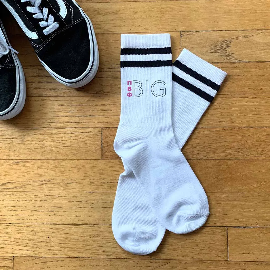 Pi Beta Phi Sorority Socks for your Big and Little with Greek Letters on Striped Cotton Crew Socks