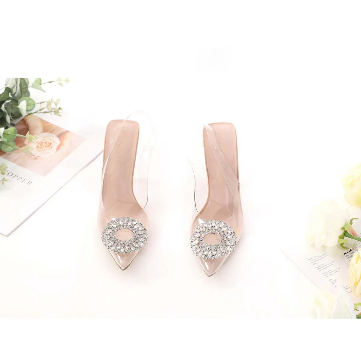 Pointed Toe Transparent Crystal Heel Sandals