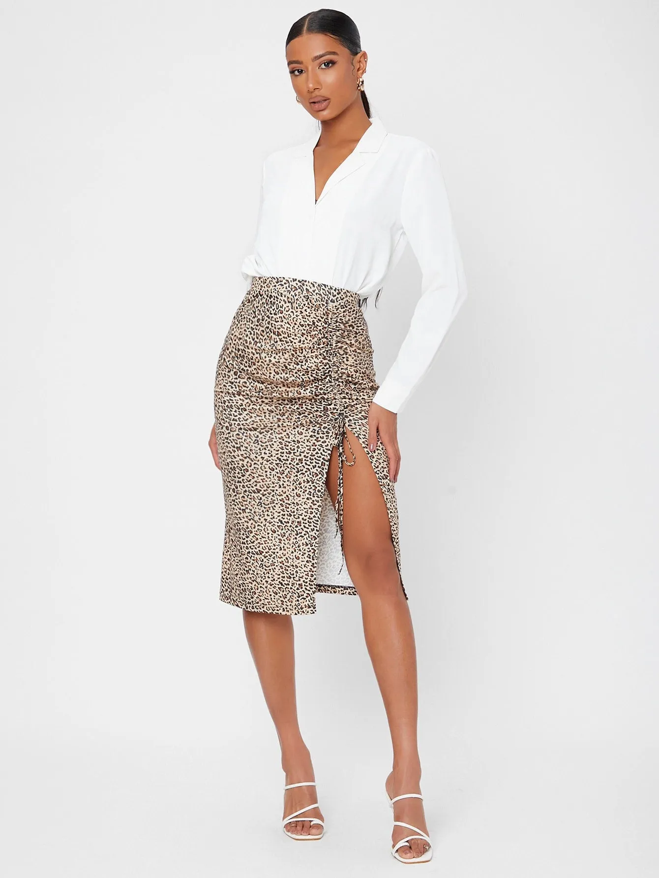 Sexy Leopard Split Thigh High Waist Knee Length Women Skirt