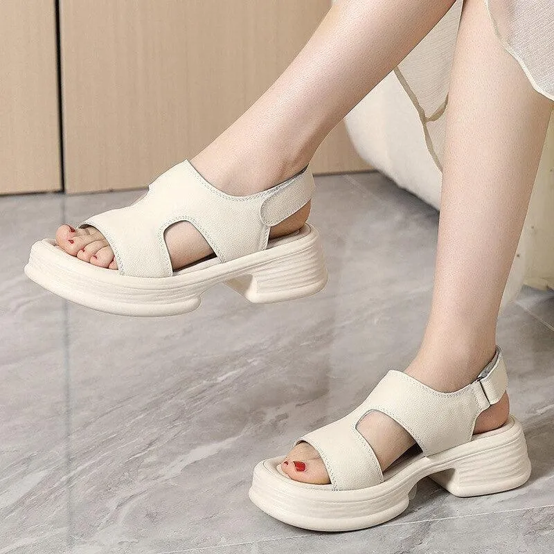 Women's Casual Platform Sandals: TL123 Leather Thick-Soled Roman Shoes